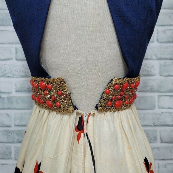 Vintage 60s 70s Union Made Maxi Dress Navy Orange Floral Skirt Beaded Waist - Picture 8 of 12